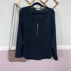 Calvin Klein Black Gold Zipper Neckline Popover Blouse